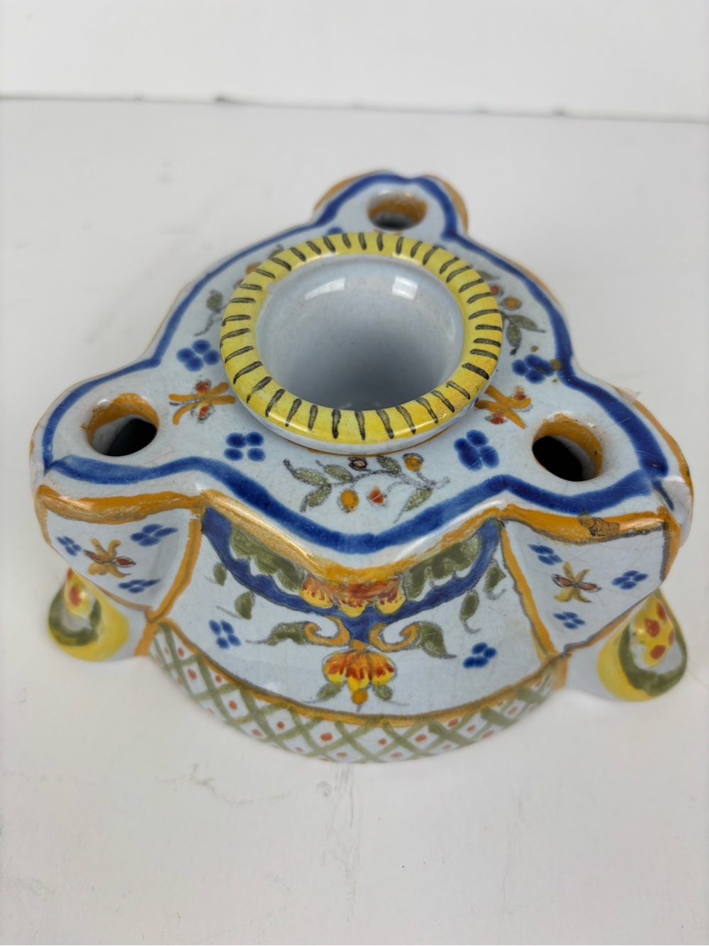 Antique French Ink Well-Ceramic Artist-Marked Henri Delcourt-Majolica/Art Deco